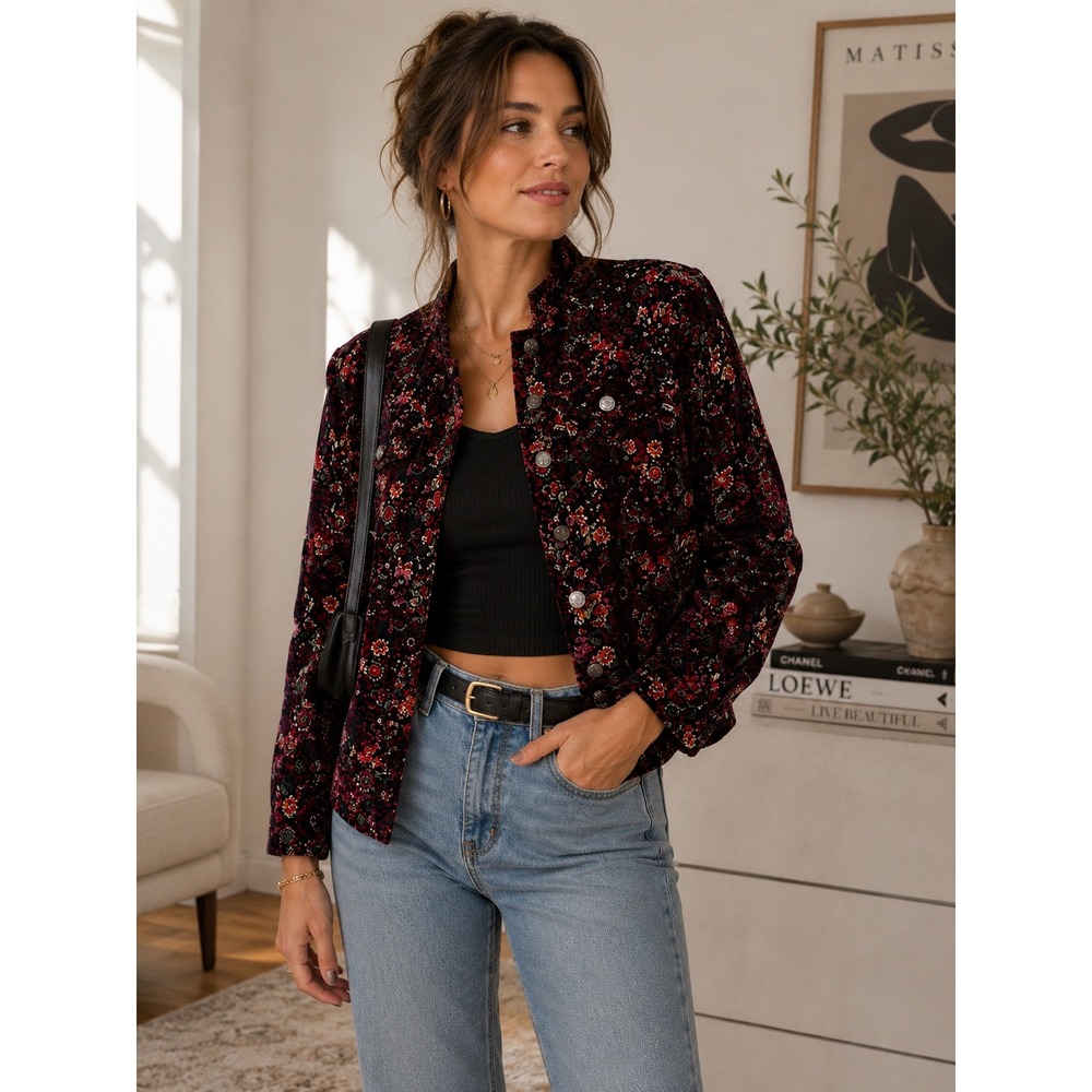 Christopher & Banks Floral Corduroy Jacket Women's M Boho Tapestry Cottagecore